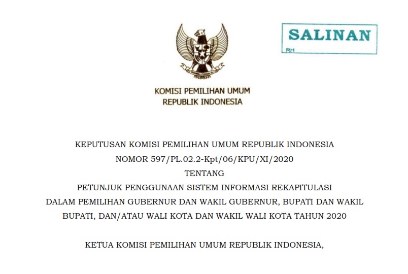 Read more about the article Keputusan KPU RI No. 597/2020 Tentang Sirekap Pilkada 2020